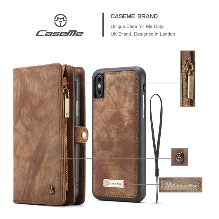 For iPhone X / XS CaseMe-008 TPU + PC Magnetic Absorption Detachable Back Cover Horizontal Flip Leather Case with Holder & Card Slots & Zipper Wallet & Photo Frame(Brown) - More iPhone Cases by CaseMe | Online Shopping UK | buy2fix