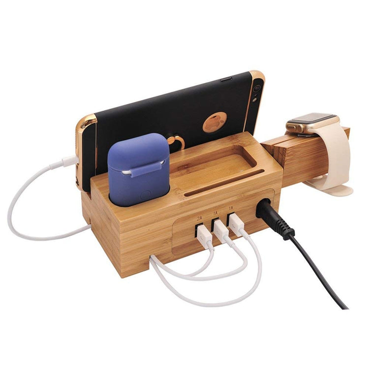 Multi-function Bamboo Charging Station Charger Stand Management Base with 3 USB Ports, For Apple Watch, AirPods, iPhone, US Plug - Others by buy2fix | Online Shopping UK | buy2fix