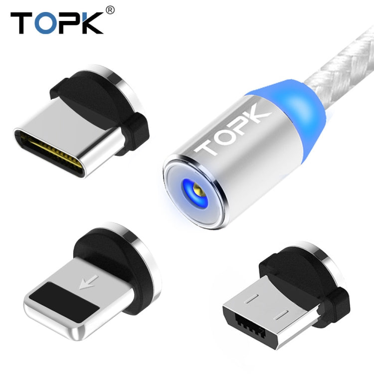 TOPK 2m 2.4A Max USB to 8 Pin + USB-C / Type-C + Micro USB Nylon Braided Magnetic Charging Cable with LED Indicator(Silver) - Charging Cable & Head by TOPK | Online Shopping UK | buy2fix
