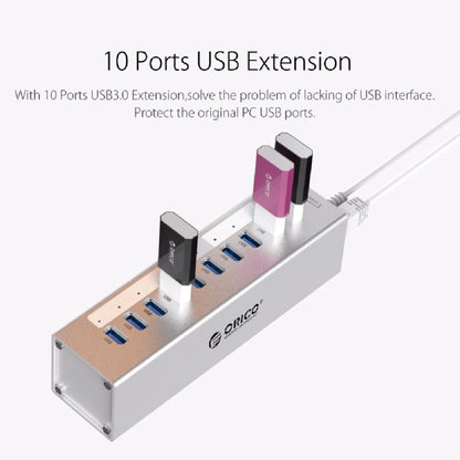 ORICO A3H10 Aluminum High Speed 10 Ports USB 3.0 HUB with Power Adapter for Laptops(Silver) - USB 3.0 HUB by ORICO | Online Shopping UK | buy2fix