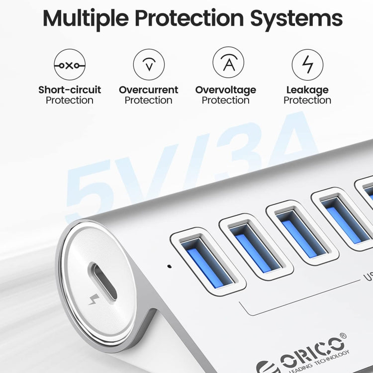 ORICO M3U7 Aluminum Alloy 7-Port USB 3.2 Gen1 5Gbps HUB with 0.5m Cable(Silver) -  by ORICO | Online Shopping UK | buy2fix