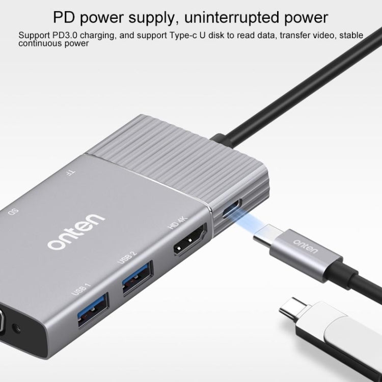 Onten 95113 8 In 1 USB 3.0 x2 + SD / TF + HDMI / VGA + 3.5mm Jack + Type-C / USB-C (PD 3.0) Multi-function HUB Converter Dock Station - USB HUB by Onten | Online Shopping UK | buy2fix