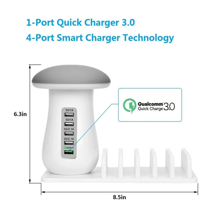 XLD888 5 Ports (2 x 5V/1A + 2 x 5V/2.1A + 1 x QC3.0) USB Charger Mushroom Light Desk Lamp Charger with Phone Holder - Multifunction Charger by buy2fix | Online Shopping UK | buy2fix