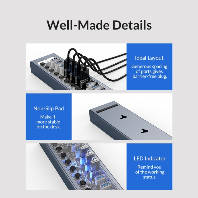 ORICO AT2U3-10AB-GY-BP 10 Ports USB 3.0 HUB with Individual Switches & Blue LED Indicator, EU Plug - USB 3.0 HUB by ORICO | Online Shopping UK | buy2fix