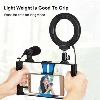 PULUZ 4 in 1 Vlogging Live Broadcast Smartphone Video Rig + 4.7 inch 12cm Ring LED Selfie Light Kits with Microphone + Tripod Mount + Cold Shoe Tripod Head for iPhone, Galaxy, Huawei, Xiaomi, HTC, LG, Google, and Other Smartphones(Blue) - Camera Accessories by PULUZ | Online Shopping UK | buy2fix