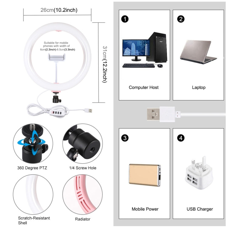 PULUZ 10.2 inch 26cm USB 3 Modes Dimmable Dual Color Temperature LED Curved Diffuse Light Ring Vlogging Selfie Photography Video Lights with Phone Clamp(Pink) - Ring Light by PULUZ | Online Shopping UK | buy2fix