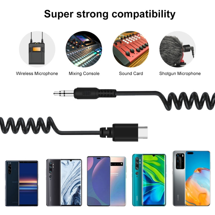 PULUZ 3.5mm TRRS Male to Type-C / USB-C Male Live Microphone Audio Adapter Spring Coiled Cable for Samsung, Huawei and Smartphones, Cable Stretching to 100cm(Black) - Microphone Audio Cable & Connector by PULUZ | Online Shopping UK | buy2fix