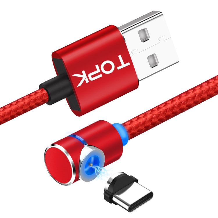 TOPK 1m 2.4A Max USB to USB-C / Type-C 90 Degree Elbow Magnetic Charging Cable with LED Indicator(Red) - Mobile Accessories by TOPK | Online Shopping UK | buy2fix