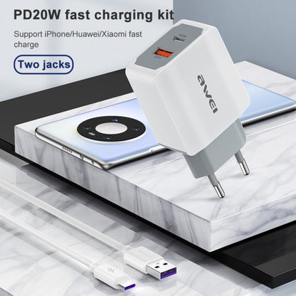 awei PD4 20W PD Type-C + QC 3.0 USB Interface Fast Charging Travel Charger with Data Cable, EU Plug - USB Charger by awei | Online Shopping UK | buy2fix