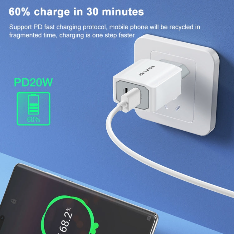 awei PD4 20W PD Type-C + QC 3.0 USB Interface Fast Charging Travel Charger with Data Cable, EU Plug - USB Charger by awei | Online Shopping UK | buy2fix