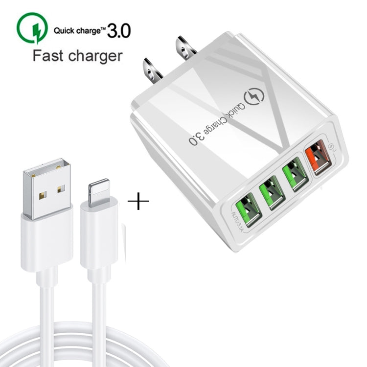 2 in 1 1m USB to 8 Pin Data Cable + 30W QC 3.0 4 USB Interfaces Mobile Phone Tablet PC Universal Quick Charger Travel Charger Set, US Plug(White) - Apple Accessories by buy2fix | Online Shopping UK | buy2fix