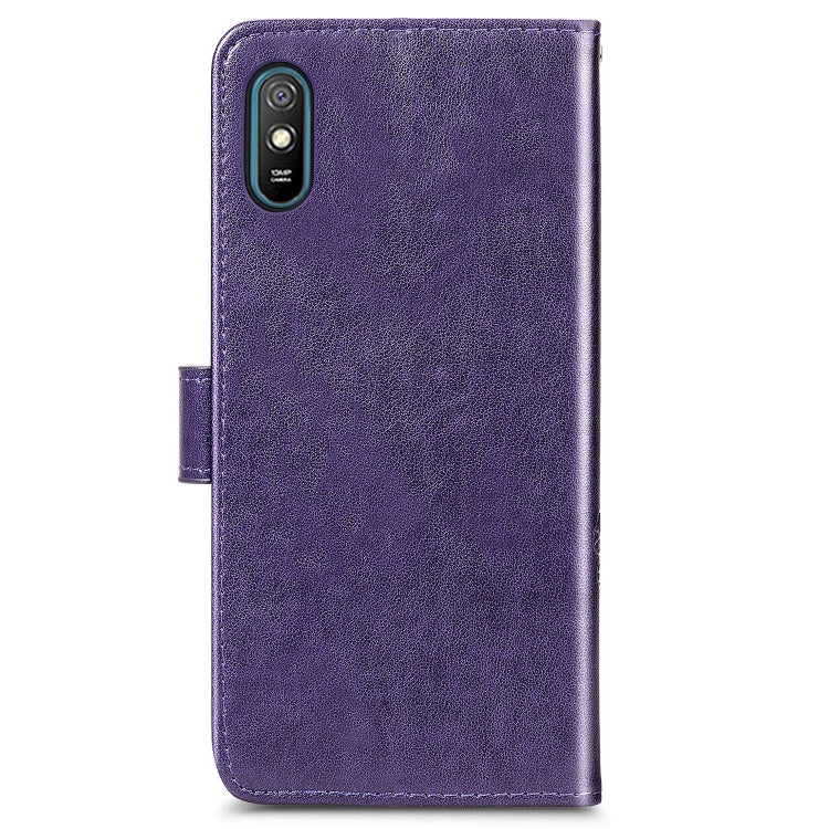 For Xiaomi Redmi 9A Four-leaf Clasp Embossed Buckle Horizontal Flip TPU + PU Leather Case with Lanyard & Card Slot & Wallet & Holder(Purple) - Xiaomi Cases by buy2fix | Online Shopping UK | buy2fix