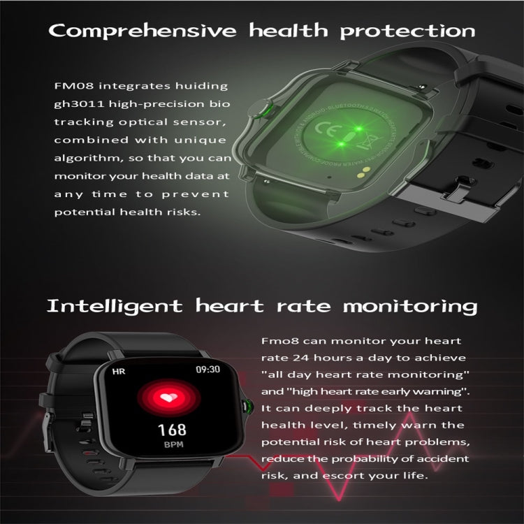 FM08 1.69 inch Color Screen Smart Watch IP67 Waterproof,Support Heart Rate Monitoring/Blood Pressure Monitoring/Blood Oxygen Monitoring/Sleep Monitoring(Gray) - Smart Wear by buy2fix | Online Shopping UK | buy2fix