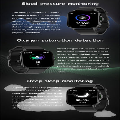 FM08 1.69 inch Color Screen Smart Watch IP67 Waterproof,Support Heart Rate Monitoring/Blood Pressure Monitoring/Blood Oxygen Monitoring/Sleep Monitoring(Black) - Smart Wear by buy2fix | Online Shopping UK | buy2fix