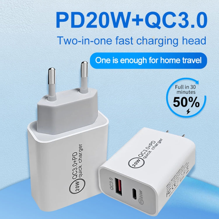 20W PD Type-C + QC 3.0 USB Interface Fast Charging Travel Charger with USB-C / Type-C to 8 Pin Fast Charge Data Cable US Plug - USB Charger by buy2fix | Online Shopping UK | buy2fix