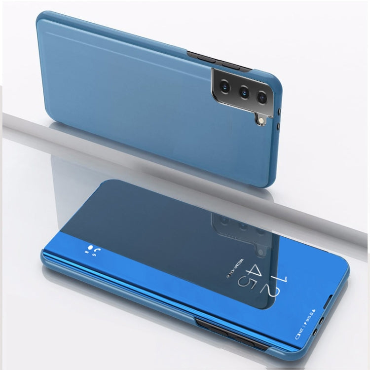 For Samsung Galaxy S21 FE Plated Mirror Horizontal Flip Leather Case with Holder(Blue) - Samsung Accessories by buy2fix | Online Shopping UK | buy2fix