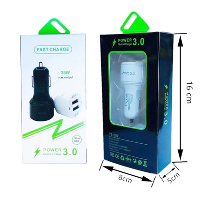 TE-092 36W Dual QC3.0 USB Fast Car Charger + USB to Micro USB Data Cable Set(White) - In Car by buy2fix | Online Shopping UK | buy2fix