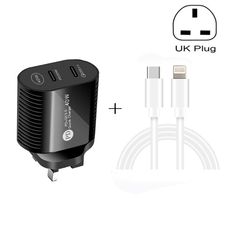 40W Dual Port PD / Type-C Fast Charger with Type-C to 8 Pin Data Cable, UK Plug(Black) - USB Charger by buy2fix | Online Shopping UK | buy2fix