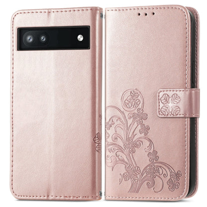 For Google Pixel 6a Four-leaf Clasp Embossed Buckle Leather Phone Case(Rose Gold) - Google Cases by buy2fix | Online Shopping UK | buy2fix