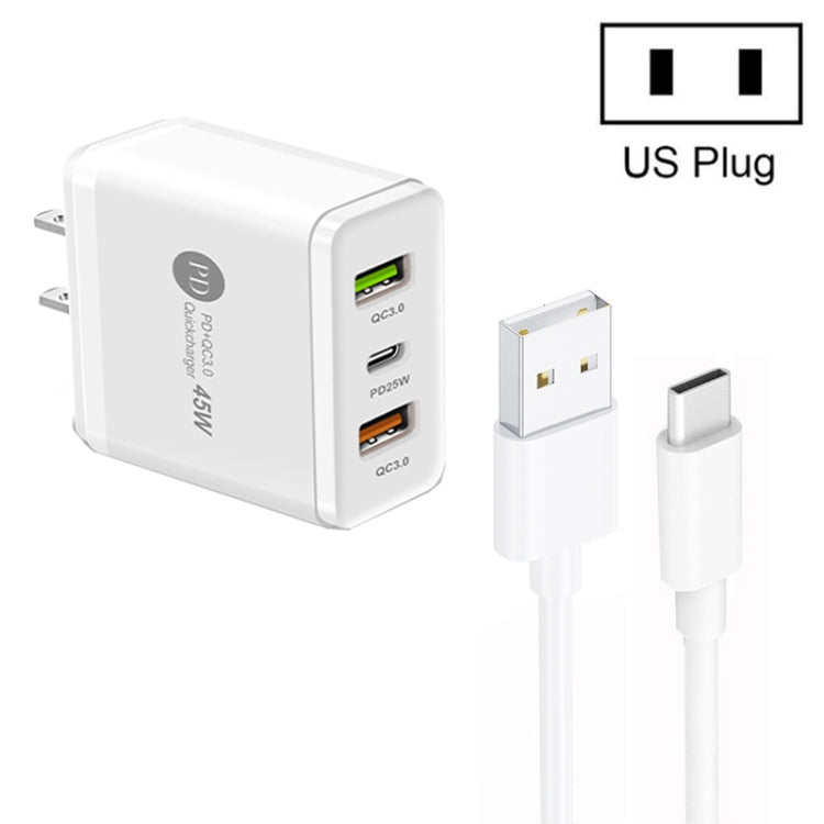 45W PD25W + 2 x QC3.0 USB Multi Port Charger with USB to Type-C Cable, US Plug(White) - Mobile Accessories by buy2fix | Online Shopping UK | buy2fix
