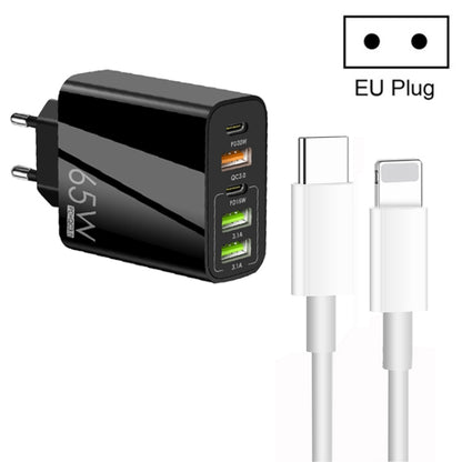 65W Dual PD Type-C + 3 x USB Multi Port Charger with 3A Type-C to 8 Pin Data Cable, EU Plug(Black) - Apple Accessories by buy2fix | Online Shopping UK | buy2fix