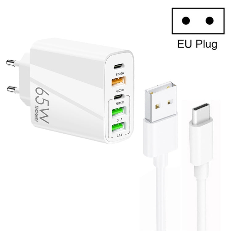 65W Dual PD Type-C + 3 x USB Multi Port Charger with 3A USB to Type-C Data Cable, EU Plug(White) - USB Charger by buy2fix | Online Shopping UK | buy2fix