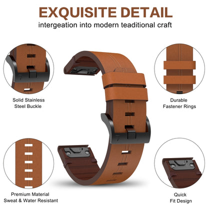 For Garmin Fenix 6X Sapphire 26mm Leather Steel Buckle Watch Band(Brown) - Watch Bands by buy2fix | Online Shopping UK | buy2fix