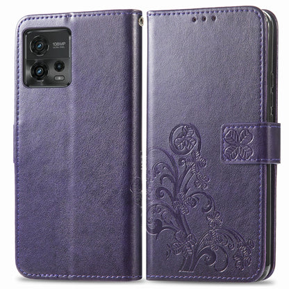 For Motorola Moto G72 Four-leaf Clasp Embossed Leather Phone Case(Purple) - Motorola Cases by buy2fix | Online Shopping UK | buy2fix