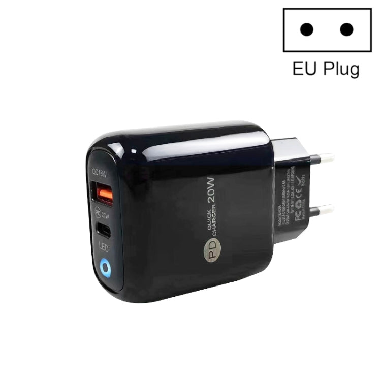 PD04 PD20W Type-C + QC18W USB Mobile Phone Charger with LED Indicator, EU Plug(Black) - USB Charger by buy2fix | Online Shopping UK | buy2fix