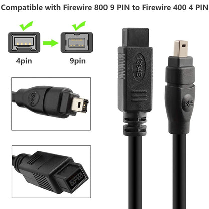 JUNSUNMAY FireWire High Speed Premium DV 800 9 Pin Male To FireWire 400 4 Pin Male IEEE 1394 Cable, Length:4.5m - 1394 Series by JUNSUNMAY | Online Shopping UK | buy2fix