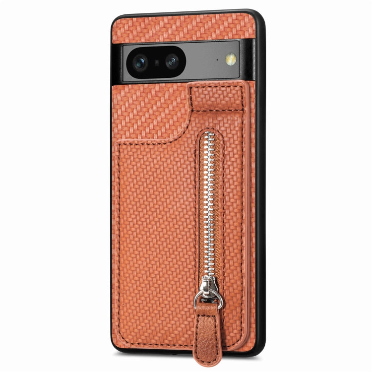 For Google Pixel 7A Carbon Fiber Vertical Flip Zipper Phone Case(Brown) - Google Cases by buy2fix | Online Shopping UK | buy2fix