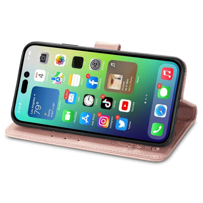 For iPhone 15 Pro Four-leaf Clasp Embossed Buckle Leather Phone Case(Rose Gold) - iPhone 15 Pro Cases by buy2fix | Online Shopping UK | buy2fix