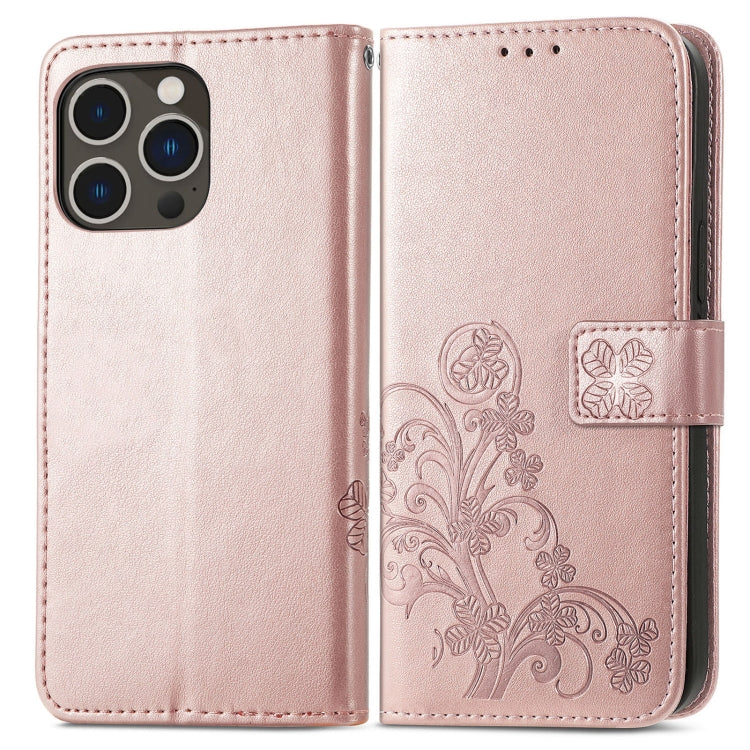 For iPhone 15 Pro Max Four-leaf Clasp Embossed Buckle Leather Phone Case(Rose Gold) - iPhone 15 Pro Max Cases by buy2fix | Online Shopping UK | buy2fix