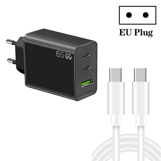 GaN PD65W Type-C x 2 + USB3.0 Charger with Type-C to Type-C Data Cable ,EU Plug(Black) - USB Charger by buy2fix | Online Shopping UK | buy2fix