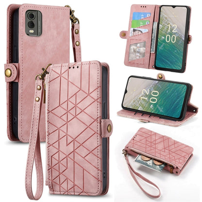 For Nokia C32 Geometric Zipper Wallet Side Buckle Leather Phone Case(Pink) - Nokia Cases by buy2fix | Online Shopping UK | buy2fix