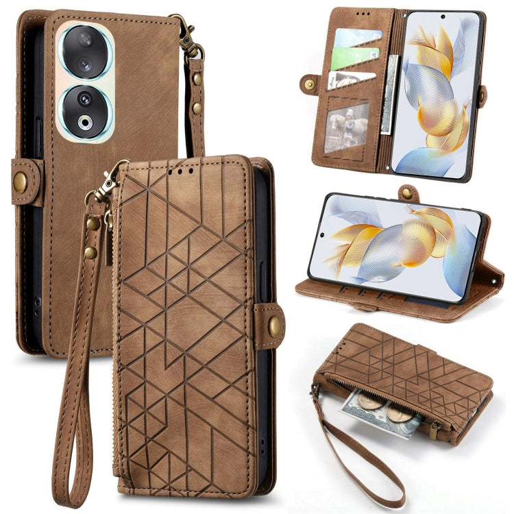 For Honor 90 Geometric Zipper Wallet Side Buckle Leather Phone Case(Brown) - Honor Cases by buy2fix | Online Shopping UK | buy2fix