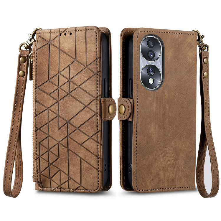 For Honor X8 5G Geometric Zipper Wallet Side Buckle Leather Phone Case(Brown) - Honor Cases by buy2fix | Online Shopping UK | buy2fix