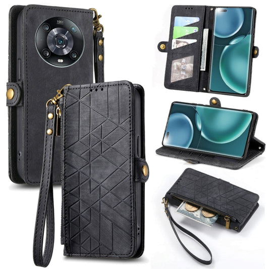 For Honor Magic4 Geometric Zipper Wallet Side Buckle Leather Phone Case(Black) - Honor Cases by buy2fix | Online Shopping UK | buy2fix