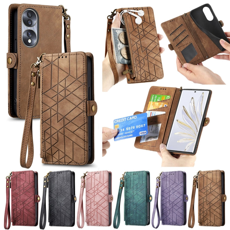 For Honor 60 Pro Geometric Zipper Wallet Side Buckle Leather Phone Case(Brown) - Honor Cases by buy2fix | Online Shopping UK | buy2fix