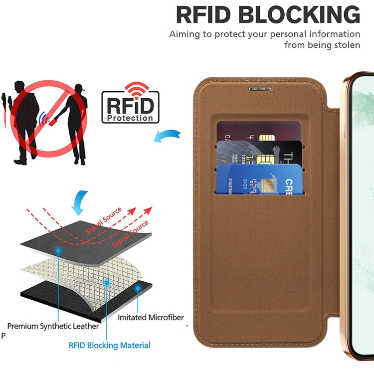 For Samsung Galaxy S22+ 5G Shield Magsafe RFID Anti-theft Rhombus Leather Phone Case(Brown) - Galaxy S22+ 5G Cases by buy2fix | Online Shopping UK | buy2fix