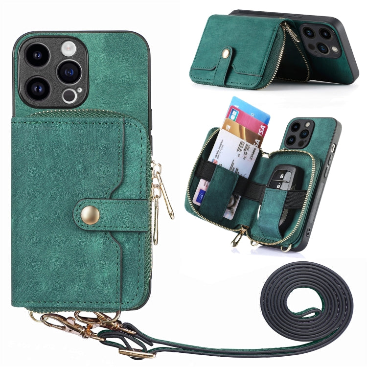 For iPhone 15 Pro Max Crossbody Multi-function Zipper Wallet Phone Case(Green) - iPhone 15 Pro Max Cases by buy2fix | Online Shopping UK | buy2fix