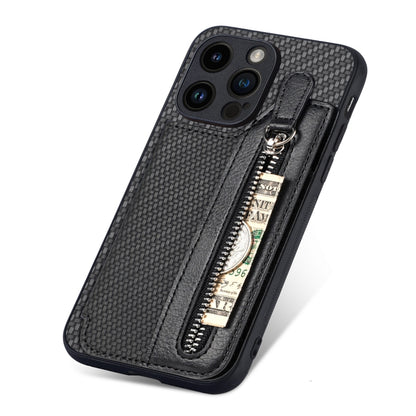 For iPhone 15 Pro Max Carbon Fiber Horizontal Flip Zipper Wallet Phone Case(Black) - iPhone 15 Pro Max Cases by buy2fix | Online Shopping UK | buy2fix