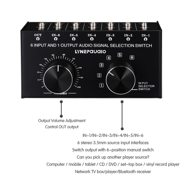 B017 6 Input 1 Output Audio Signal Selection Switcher Output Volume Adjustment Control 3.5mm Interface - Consumer Electronics by buy2fix | Online Shopping UK | buy2fix