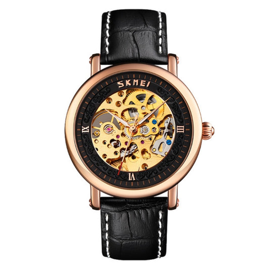 SKMEI 9229 Men Automatic Skeleton Mechanical Watch Thorough Bottom Student Watch(Rose Gold Shell Black Face) - Leather Strap Watches by SKMEI | Online Shopping UK | buy2fix