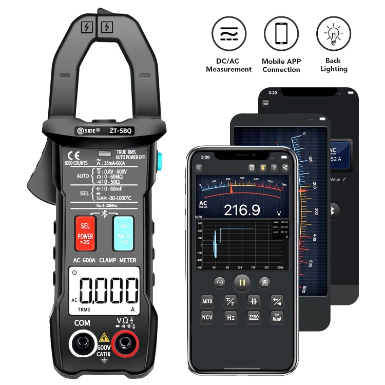 BSIDE  Bluetooth 5.0 6000 Words High Precision Smart AC Clamp Meter, Specification: ZT-5BQ - Digital Multimeter by BSIDE | Online Shopping UK | buy2fix