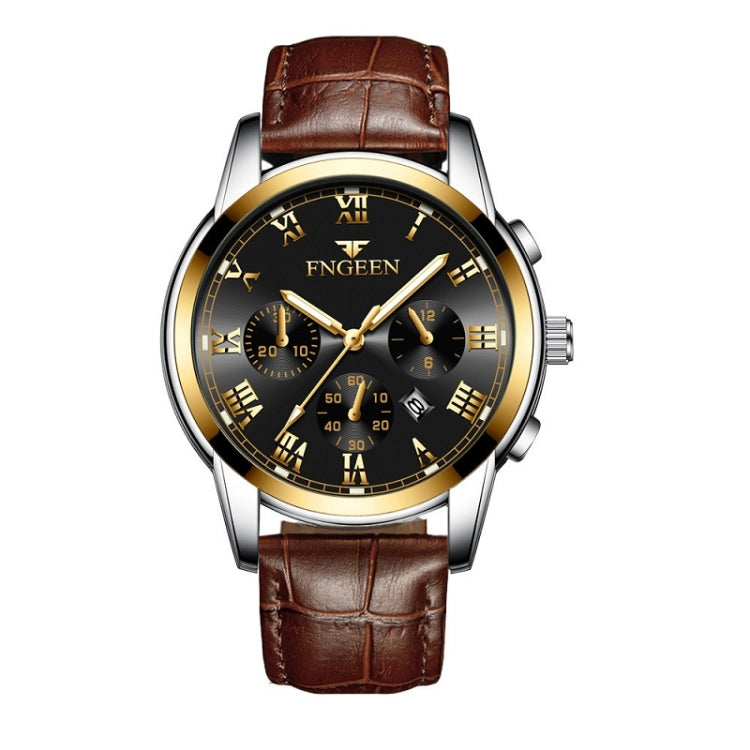 FNGEEN 4006 Men Trendy Waterproof Quartz Watch(Brown Leather Gold Black Surface) - Outdoor & Sports by FNGEEN | Online Shopping UK | buy2fix