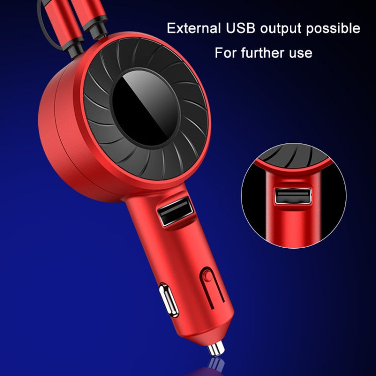 3 In 1 USB Dual Cable Single Pull Retractable Car Charger(Red) - In Car by buy2fix | Online Shopping UK | buy2fix
