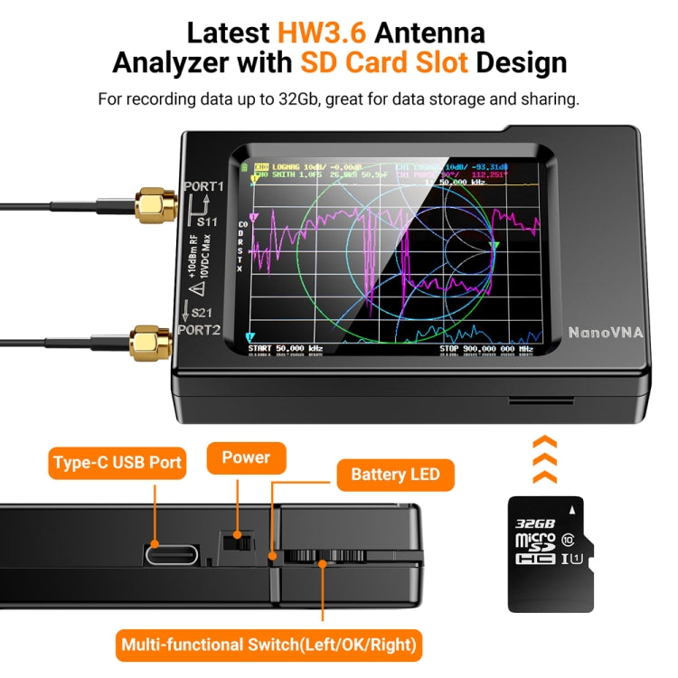 NANOVNA-H Upgraded Version 2.8 Inch TFT 50Khz-1.5Ghz Vector Network Antenna Analyzer MF HF VHF UHF With SD Card(Black) - Consumer Electronics by buy2fix | Online Shopping UK | buy2fix