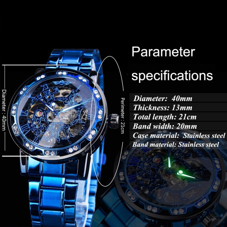 Winner Leisure Skeleton Diamond Luminous Pointer Watch Men Manual Mechanical Watch(Silver Belt Silver Shell Blue Face) - Metal Strap Watches by Winner | Online Shopping UK | buy2fix