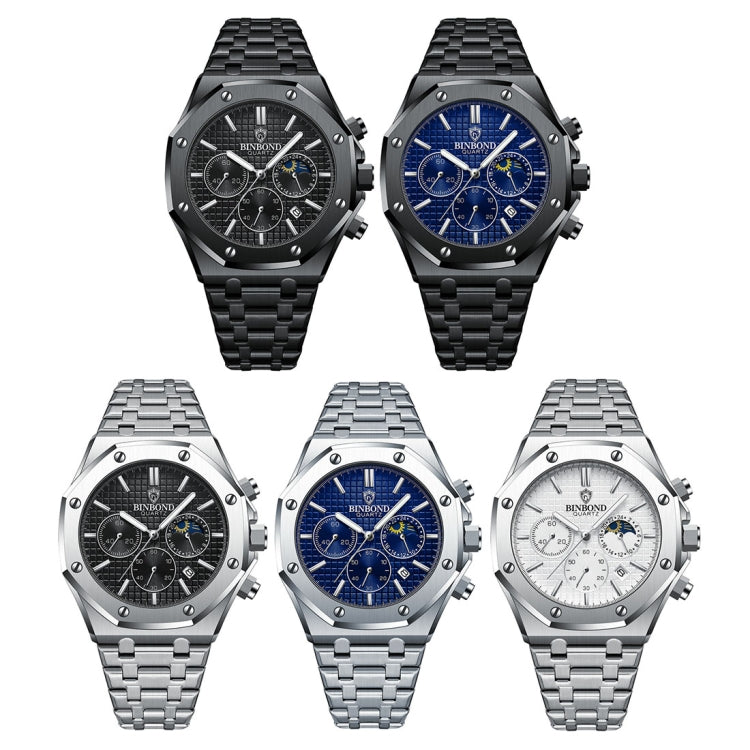 BINBOND B0161 Multifunctional Luminous Waterproof Business Quartz Watch, Color: White Steel-Blue - Metal Strap Watches by BINBOND | Online Shopping UK | buy2fix